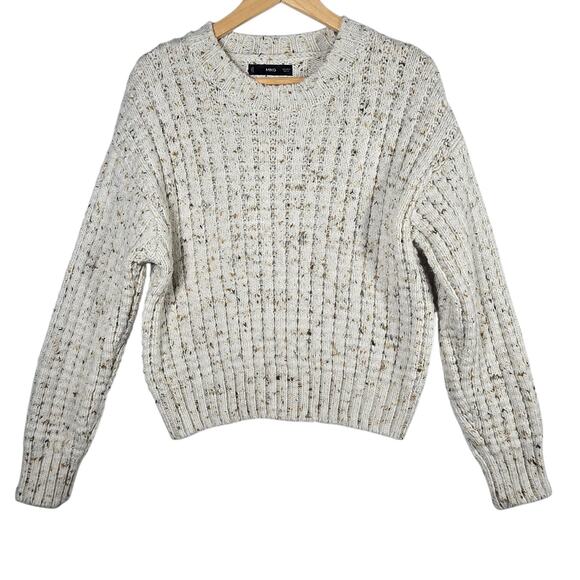 Mango Sweaters - MNG Sweater Womens Medium Beige Chunky Knit Wool Blend Ribbed Pullover Crewneck